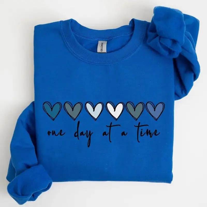 One Day At A Time Mental Health Wellness Hearts Sweatshirt Women's Crew Neck 100% Cotton OEKO-TEX Certified Low Impact Dyes