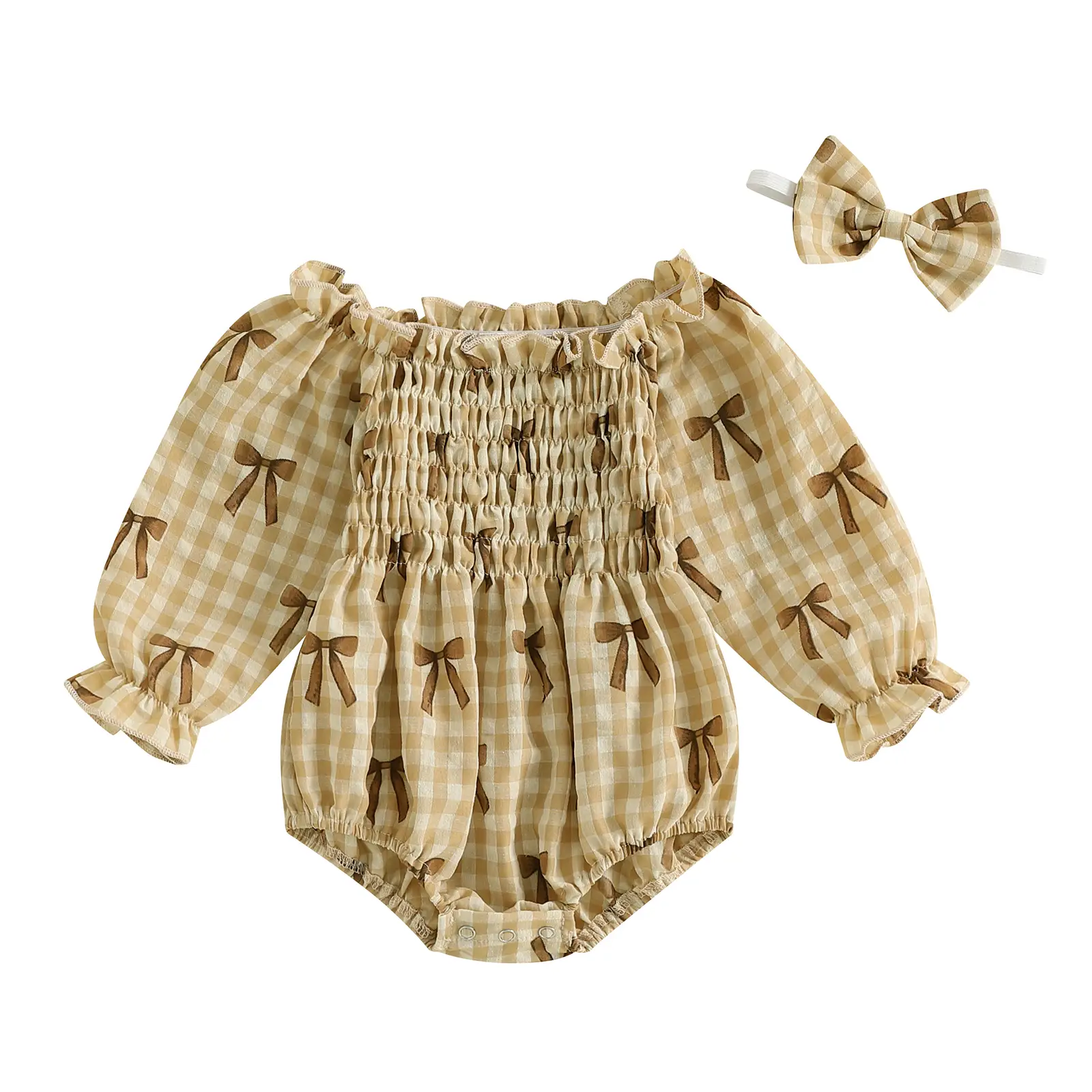 Newborn Girl Outfit Long Sleeve Off-shoulder Smocked Plaid Bow Print Romper Bodysuit with Hairband Infant Baby Girls Fall Winter Spring Clothes