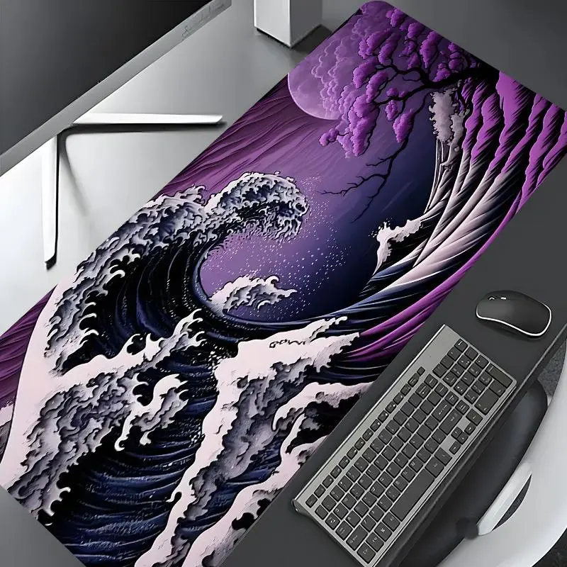 Purple Violet Moonlit Japanese Ukiyo-e Art Design Extra Large Gaming Mouse Pad, Desktop Decor, Non-Slip Rubber Edge Mat, Multi-Size Options, Home & Office Use, Desk Accessories, Aesthetic Desk Accessories, Ideal Gift for Kids