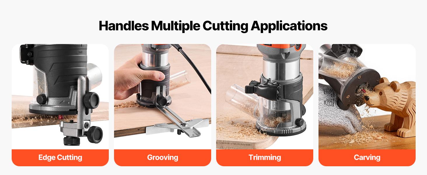 VEVOR Wood Router, 1 HP 710W, Variable Speed Palm Router Tool with Soft Start, Compact Wood Edge Trimmer with Fixed Base & 1/4-Inch Collet, Dust Hood, for Woodworking, Trimming, DIY Projects, Corded