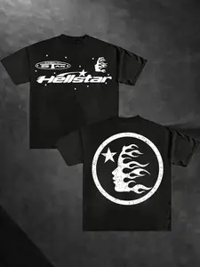 HSTAR Graphic Cotton T-Shirt for Men – Unisex Street Style, Casual Wear, Perfect for Travel & Leisure | Retro Graphic Tee | Comfortable Fit, White Casual Round Neck Short Sleeve Tee with Black Star & Flame Design