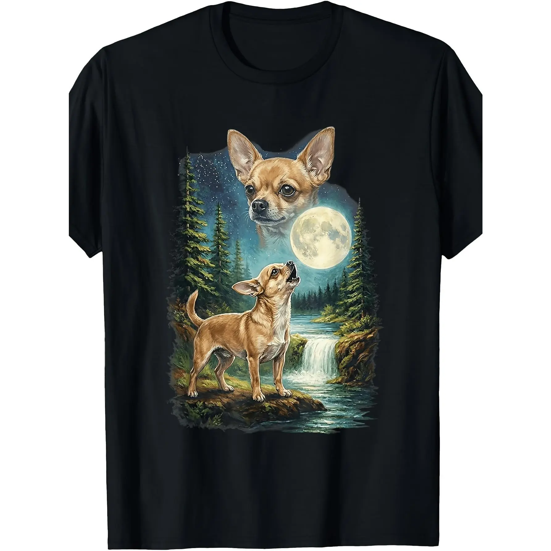 Retro Chihuahua Howling at Moon T-Shirt - Vintage Chihuahua Dog Graphic Tee, Round Neck Casual Shirt Suitable for Seasons, Machine Washable Apparel for Chihuahua Lovers