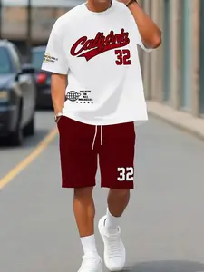 Men's Sporty Casual Short Sleeve Round Neck Set, Fitted All over Print, Above the Knee Shorts, Perfect for Daily Wear Outfit, Menswear