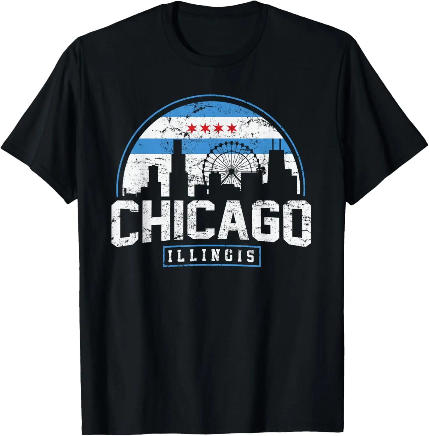 100% Cotton Top Chicago Illinois Flag Tees Vintage Skyline T-Shirt