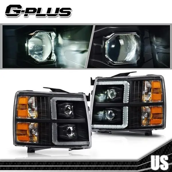 G-PLUS LED DRL Projector Truck Headlights Assembly - Black, Adjustable Beam, Enhanced Vision, IP65 Rated Chevy Truck Accessory for 2007-2013 Chevy Silverado 1500/2500/3500, Led Headlights Assembly, Car Lighting