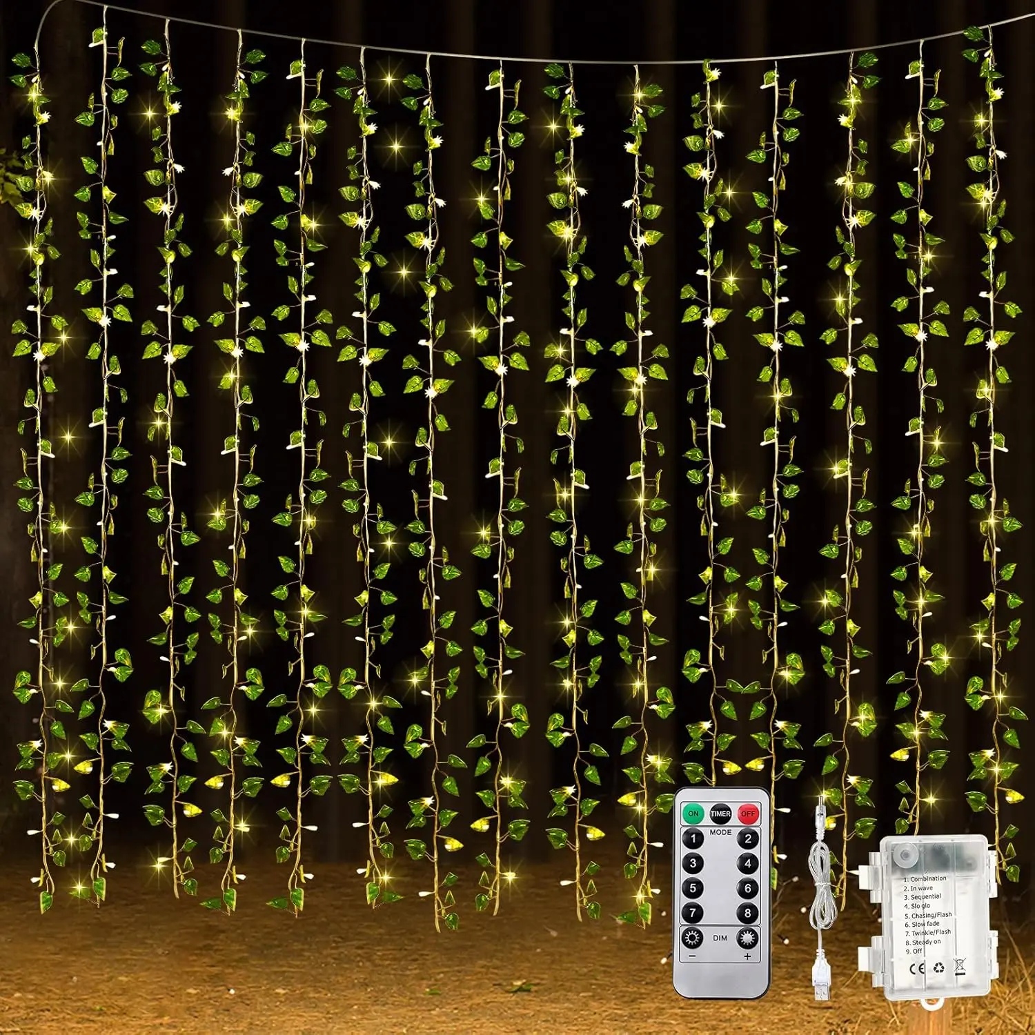 15 Pcs 6.6 ft 300 LED Fake Ivy Vine Window Curtain Branch Fairy Lights, Artificial Hanging Ivy Leaf Garland with Indoor LED & Twinkle Functions for Bedroom, Wall Decor, Fairy Lights Indoor, Led Light Indoor