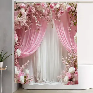 1/4pcs Romantic Pink & White Floral Bathroom Set, Shower Curtain Sets with Flower Pattern + 2 Bath Mats + Toilet Seat Cover, Perfect for Valentine's Day Mother's Day Bedroom Decor, Bright & Elegant Bathroom Accessories for Romantic Home