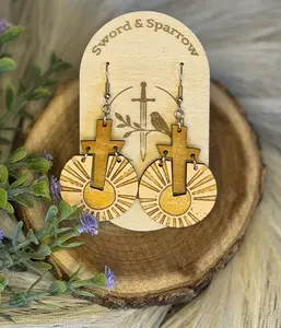 Cross and Sun Wooden Earrings | Hand-Painted Gold and Peach Detail, Hypoallergenic Jewelry