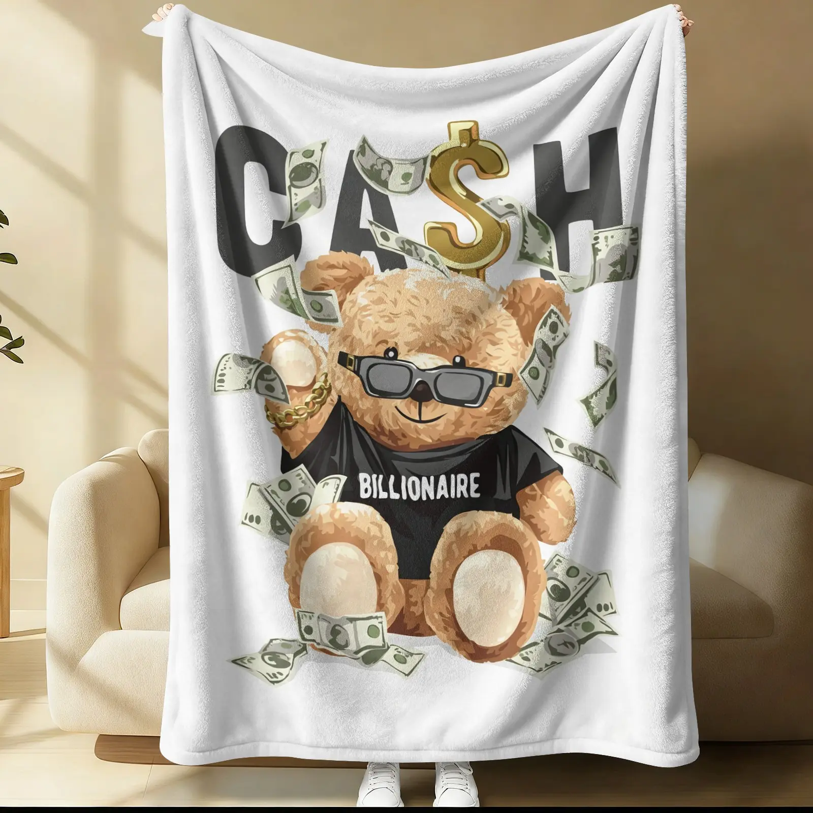 Streetwear Style Cool Teddy Bear Throw Blanket, Soft Cozy Blanket for Couch, Bed, Travel & Office, Trendy Decor for Teens & Boys