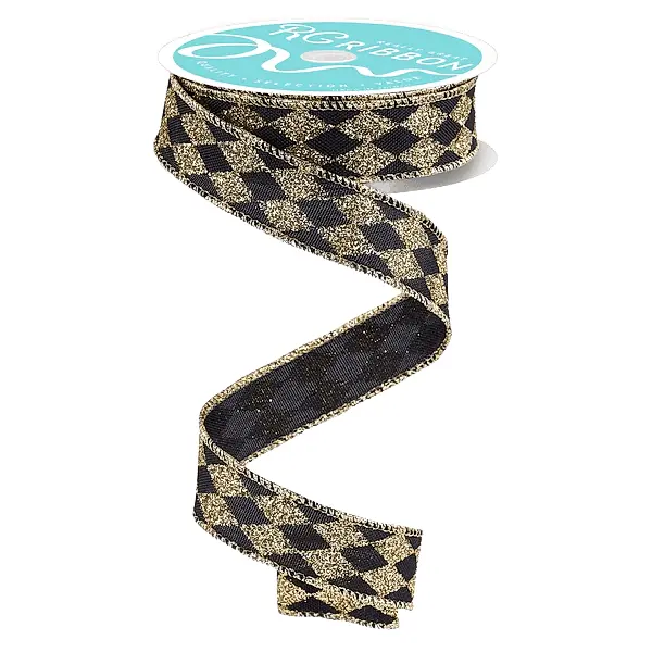 7/8" x 10yd Glitter Harlequin Ribbon in Black & Gold