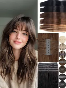 10pcs Invisible PU Hair Weft Twin Tabs | Straight Real Human Hair Extensions with Holes, Micro Beads for Smooth Texture, Machine Washable & Natural Look, Elegant Style for Women, Versatile Hairpiece Microloop Human Hair