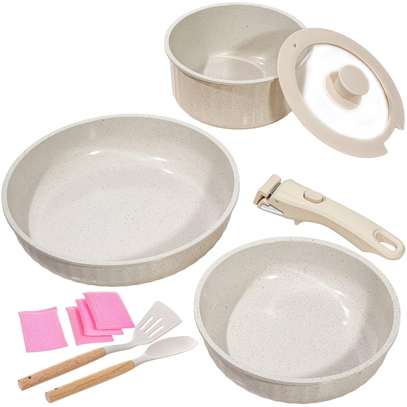 Set of 11 Ceramic Nonstick Cookware Including Pots And Pans with Detachable Handles, Safe for RV Kitchens, Suitable for Oven And Dishwasher Use, Stackable, Induction Compatible, Featuring Frying Pans And Saucepans in Beige,