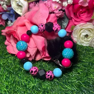 Hot cowgirl wristlet keychain color scheme black, pink, blue and bling beads made with  wire