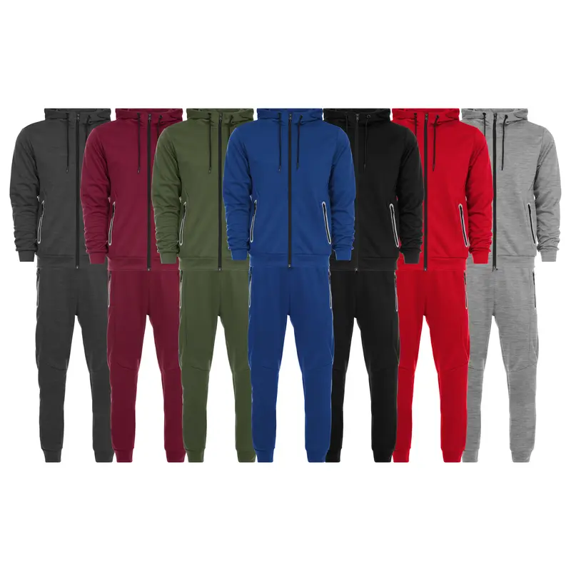 Men's 2 Piece Tech Fleece Zip Hoodie & Jogger Pants Set With Reflective Trim Designed Pockets