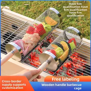 Wooden Handle BBQ Cage Grill Basket, Portable BBQ Grill Net for Outdoor Use, Rotatable Round BBQ Tube