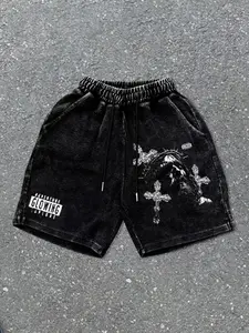 Men's retro Vintage washed denim shorts with a dark Jesus Graphic print design. Casual, regular fit with drawstring waist, suitable for everyday wear, perfect for summer men's bottoms.