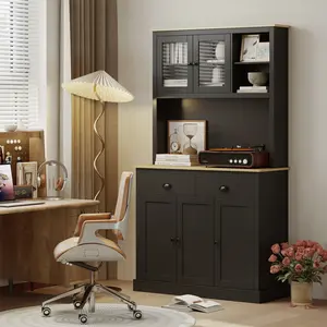 71" Tall Freestanding Modern Kitchen Floor Cabinet in Black – Features a Wide Countertop Surface & Adjustable Interior Shelves – Sleek Hutch Cupboard for Appliance Storage, Pantry Organization & Extra Workspace