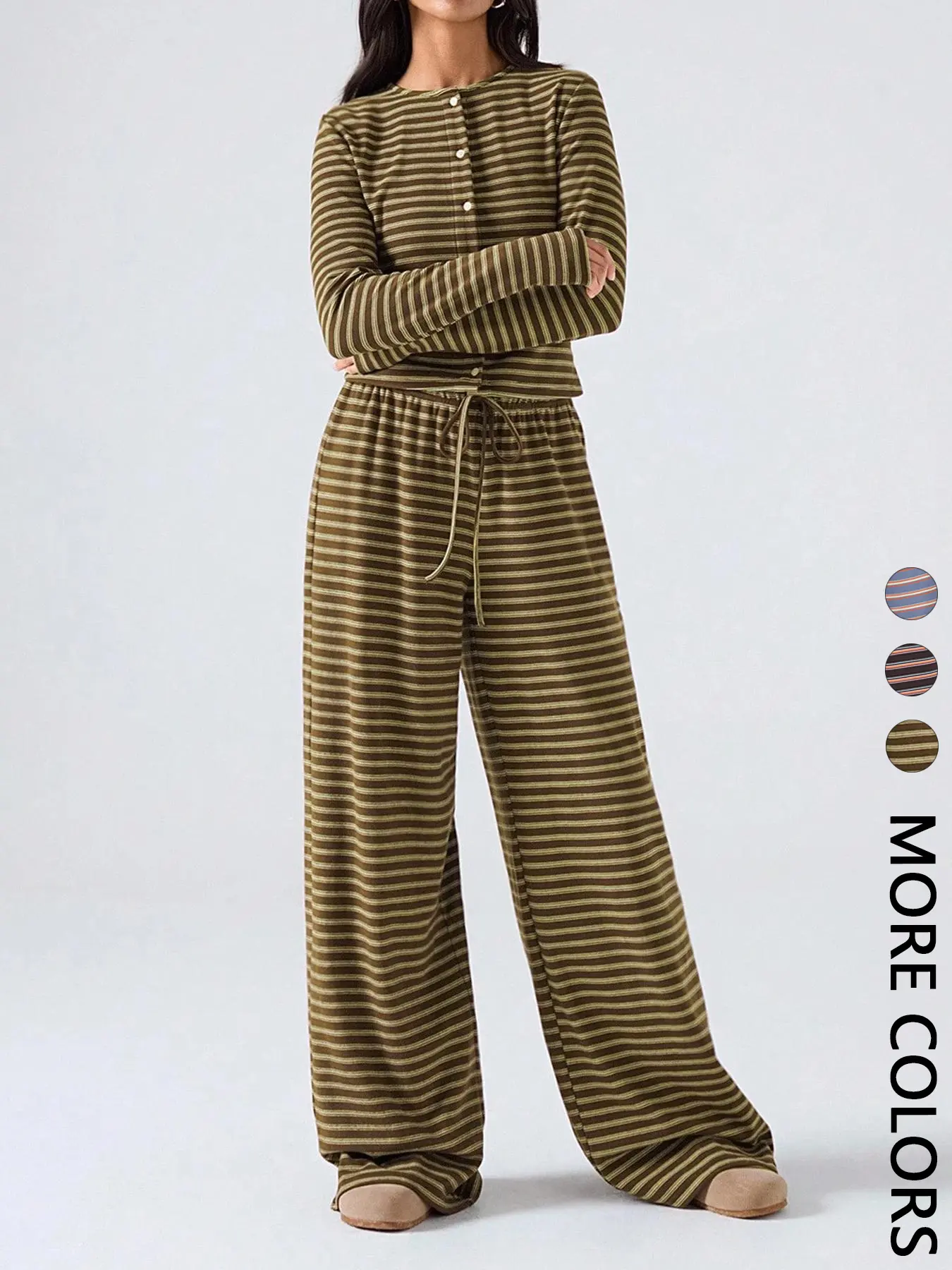 Women's Fashion Striped Long Sleeve Top & Wide Leg Pants Set, Casual Two-Piece Clothes for Fall Winter Halloween Christmas Party Y2K Style Womenswear, Striped Knit Sets, Outfit