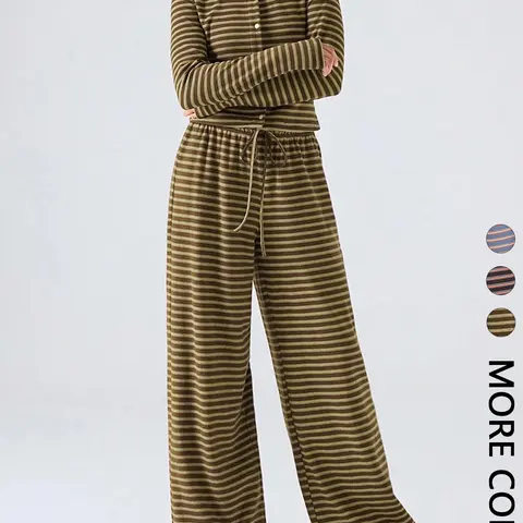 Women's Fashion Striped Long Sleeve Top & Wide Leg Pants Set, Casual Two-Piece Clothes for Fall Winter Halloween Christmas Party Y2K Style Womenswear, Striped Knit Sets, Outfit