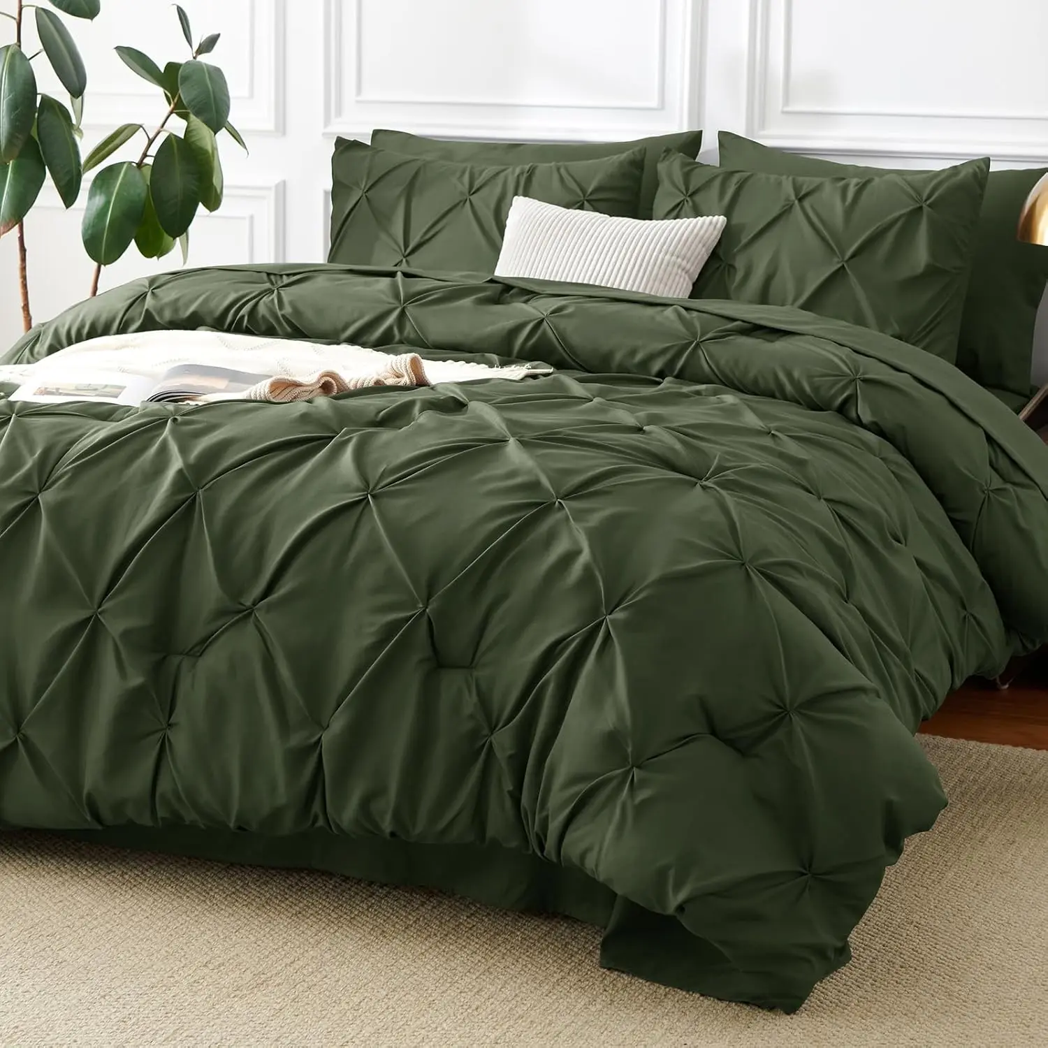 Olive Green Comforter King - 7 a Bag King Size, Pintuck Comforters Pinch Pleat Sets with Comforter, Flat Sheet, Sheet and Pillowcases  Shams
