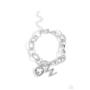Guess Now Its INITIAL - White - W Heart Gem Letter Alphabet Silver Charm Bracelet - Paparazzi