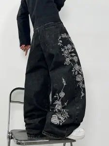 New Embroidered Men's Jeans, Street Style Rose Flower Patchwork Washed Loose Fit Wide Leg Pants, Y2K Fashion Skateboard Daily Wear, Streetwear