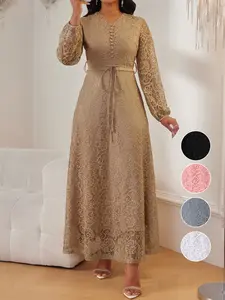 Women's Lace V-Neck Long Sleeve Dress, Womenswear, Lady, Elegant Chic Belted Waist, Slim Fit, Plain Color, Wedding Evening Formal Occasion, Spring & Fall