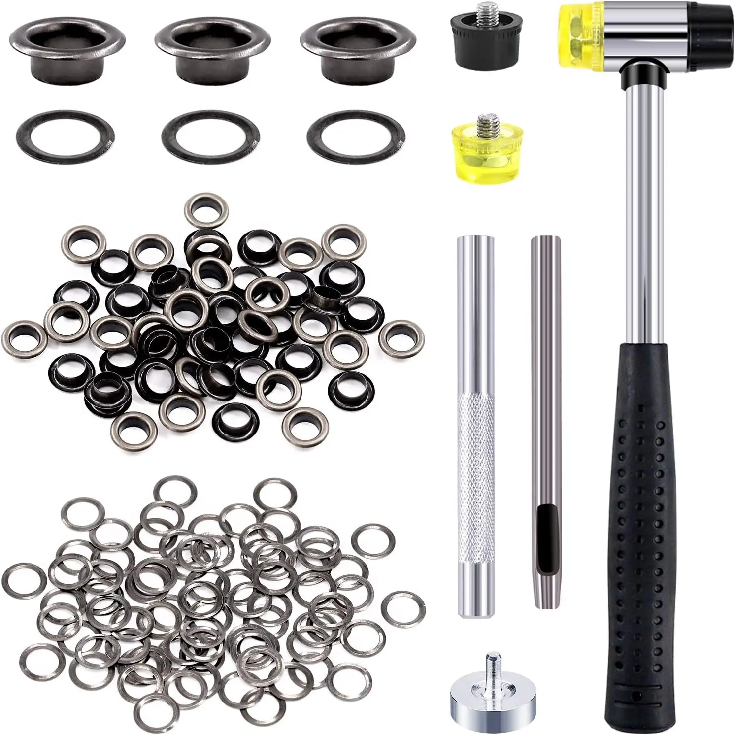200 Sets 1/4 Inch Black Grommet Assortment Kit with 4 Pcs Setting Install Tool, 6mm Metal Eyelets Set in Storage Box for Clothes Shoes Bag Paper Leather Crafts DIY Projects (Black)