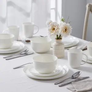 【Spring Deal】Silvanest Luxury 16pc Bone China Dinnerware Set | Minimalist Pure White Design | Extra Large 32oz Bowls & 16oz Mugs | Super Lightweight | Oven & Dishwasher Safe
