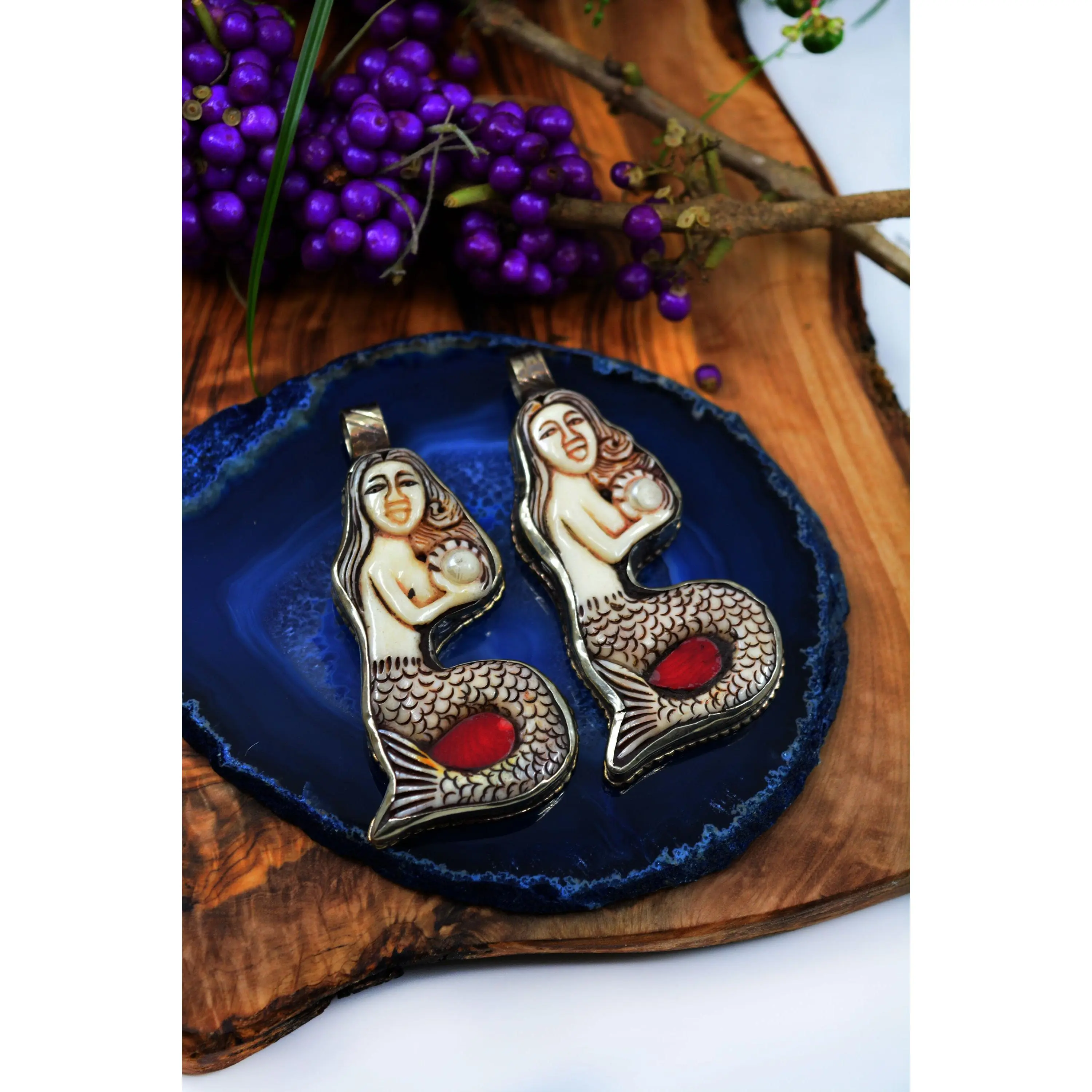 Lady of Waters: Hand-carved Mermaid Pendant, approximately 3" tall x 1 pendant