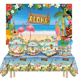 Hawaiian Luau Birthday Party Supplies, Tropical Aloha Birthday Decorations, Dinnerware Set (24 Guest) with Paper Plates,Cups, Tablecloth, Backdrop Banner,Knives, Forks, Spoons For Baby Shower Decorations