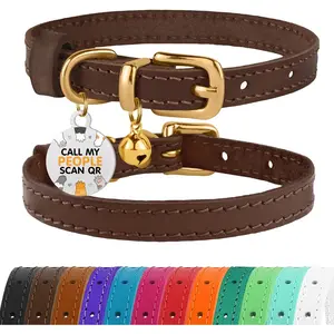 BRONZEDOG Leather Cat Collar with Bell Non Breakaway Kitten QR Tag for Girl Boy (9" - 12" Cats/Mini Dogs, Dark Brown & Gold)