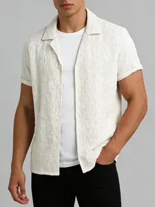 Men's Geometric Jacquard Short Sleeve Shirt, Loose Casual Comfy Breathable Shortsleeve Top for Summer, Casual Soft Fit Men's Clothes for Daily Wear, Breathable Casual Button Collared Menswear, Casual Everyday Wear Tropical White funny shirts