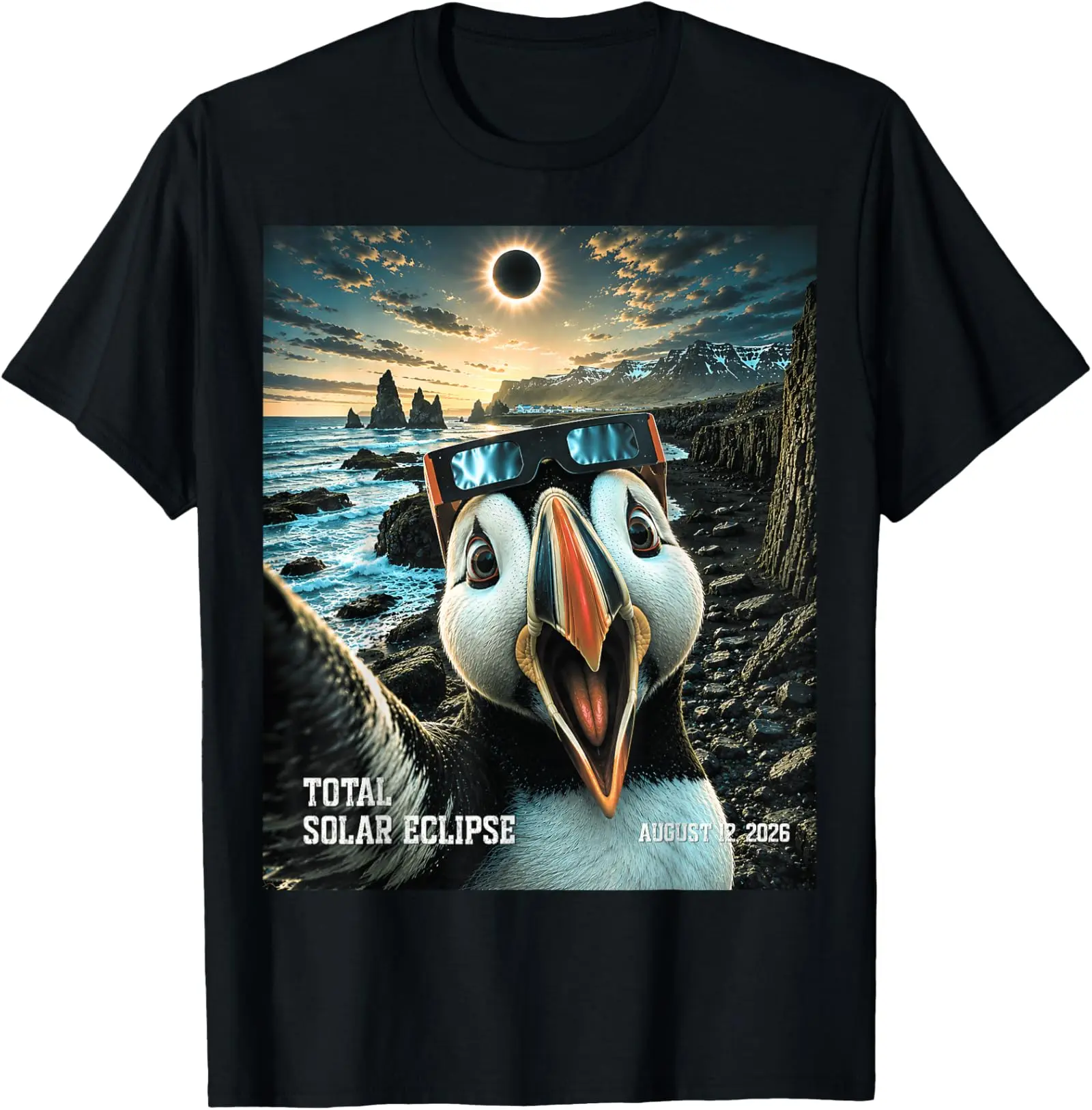 Total Solar Eclipse Iceland Puffin Selfie August 12 2026 T-Shirt