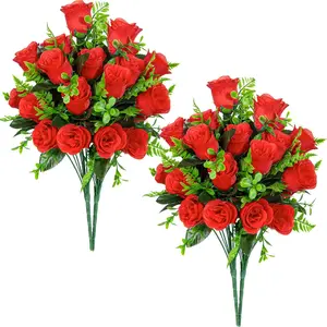 Artificial Rose Flowers - 4Bouquets Realistic Fake Silk Roses for Wedding Home Centerpieces Office DIY Cemetery Grave Decoration (Pack of 4, Red)