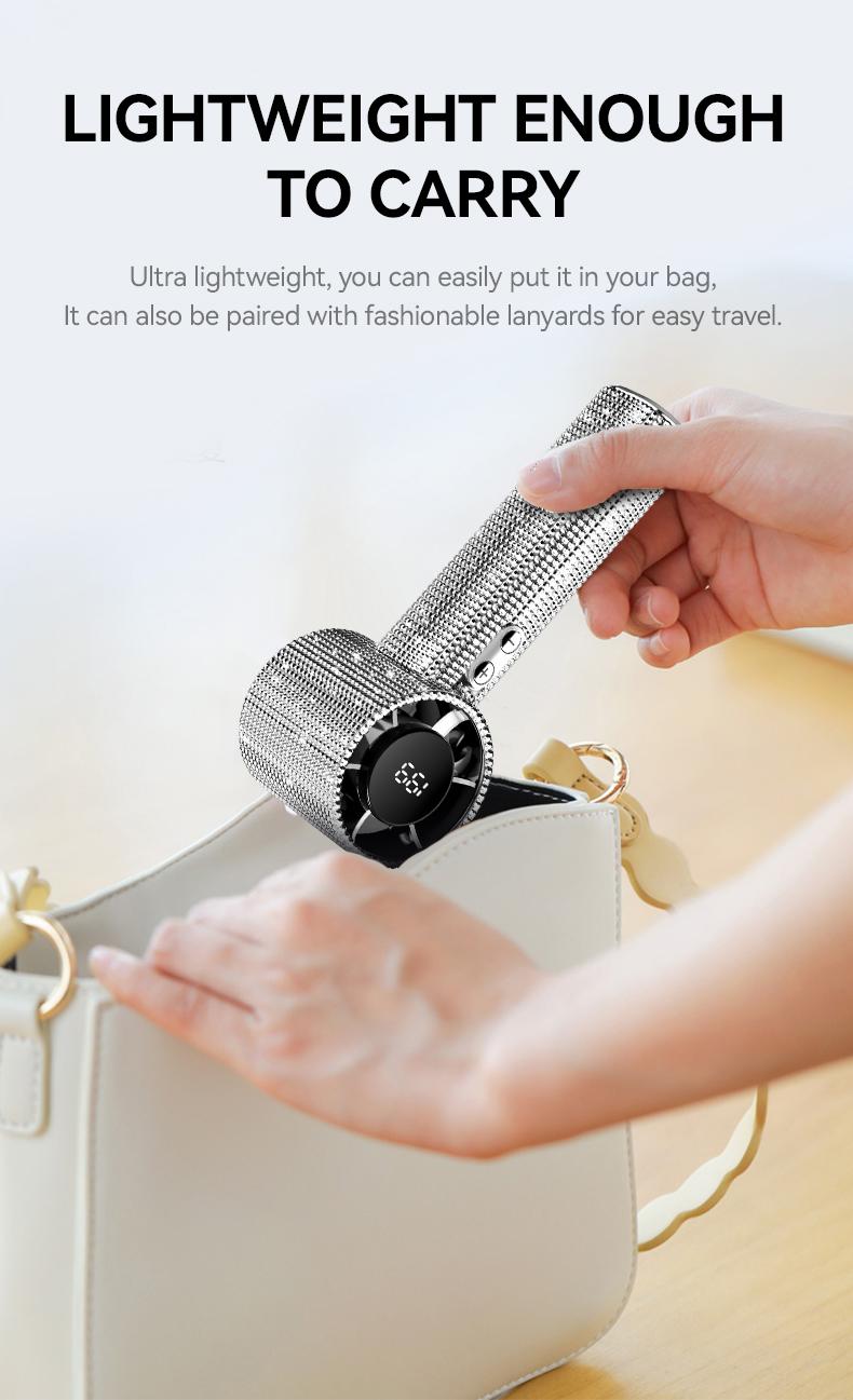 Diamond-Shimmering Luxury Fan-A Portable Handheld Turbo Fan 3 Gear Wind Rechargeable Long Battery Life Hand Fan With Digital Display For Outdoor Activities Travel Office Strong Boosting Output Long Distance Blowing