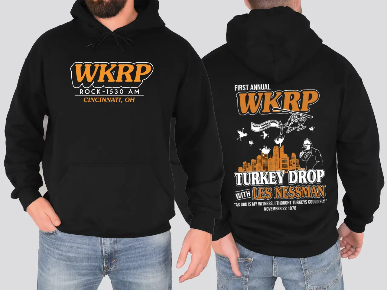 Men's WKRP First Annual Turkey Drop Funny Hoodie - Menswear Long Sleeve Casual Tops, Les Nesman Thanksgiving Sweatshirt