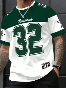 Summer American Vintage Sports Short Sleeve T-Shirt, Colorblock Patchwork, Streetwear Casual Men's Printed Tee, Fitted Style, Active Sportswear