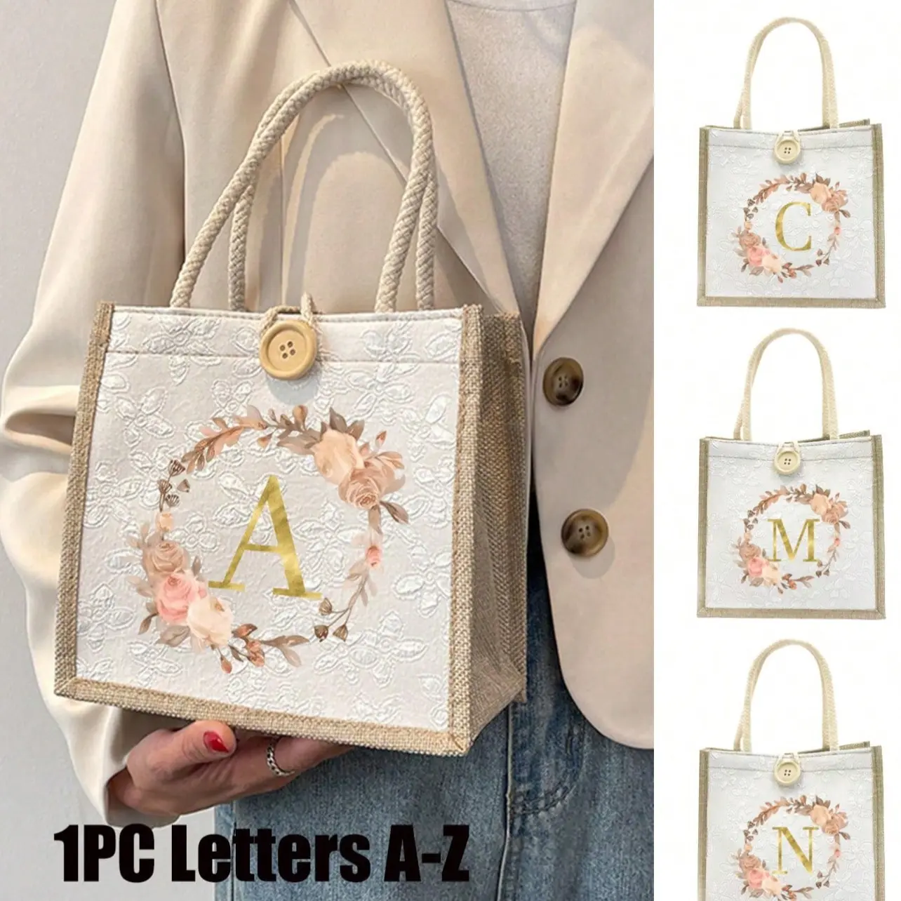 Linen Handbag, Fashionable Handbag, Small Flower Linen Button Decorated Shoulder Bag, Rose Wreath A-Z Initials, Large Capacity Shopping Bag, Letter Print Handbag