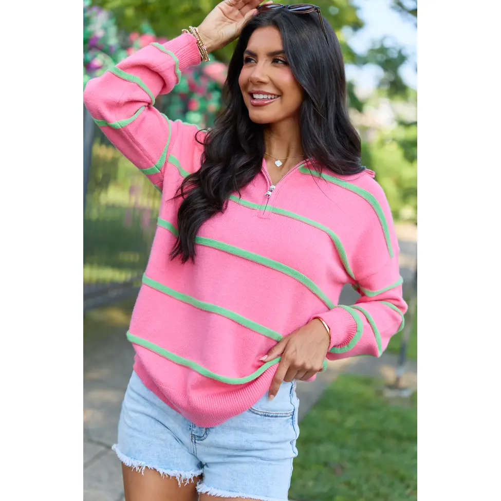 Sunday Stripe Club Pink And Green Quarter Zip