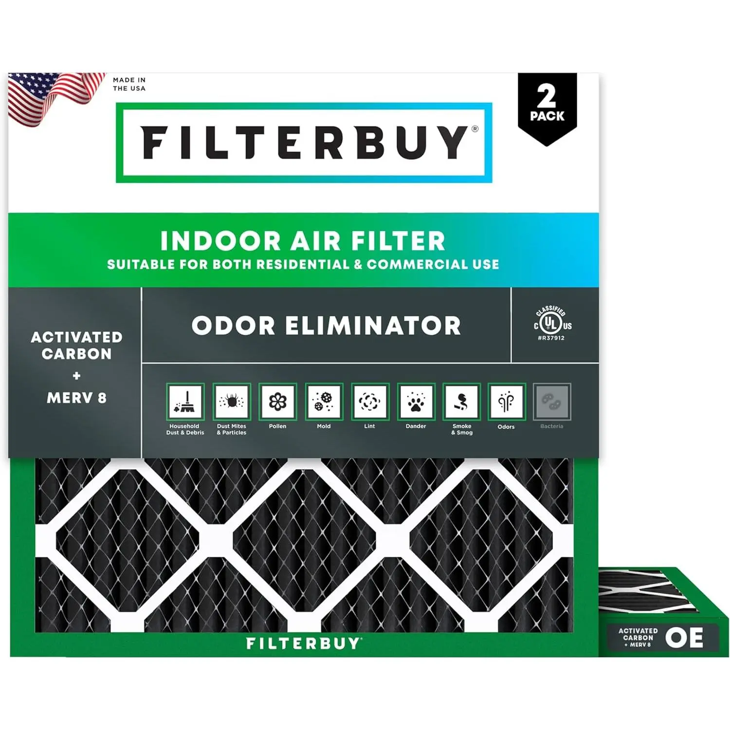 Filterbuy Household Durable 12x12x1 In Air Filter (2-Pack), Pleated MERV 8 Odor Eliminator for HVAC AC Furnace (Actual Size: 11.75x11.75x0.75 In)