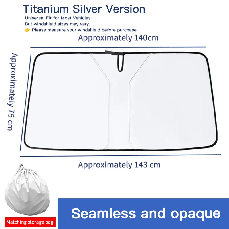 Car Sunshade - 4-Season Use, Block, Protection, Fits 90% Vehicles, Easy Install, Foldable, Front Windshield Visor, 140cm x 75cm, Seamless & Opaque