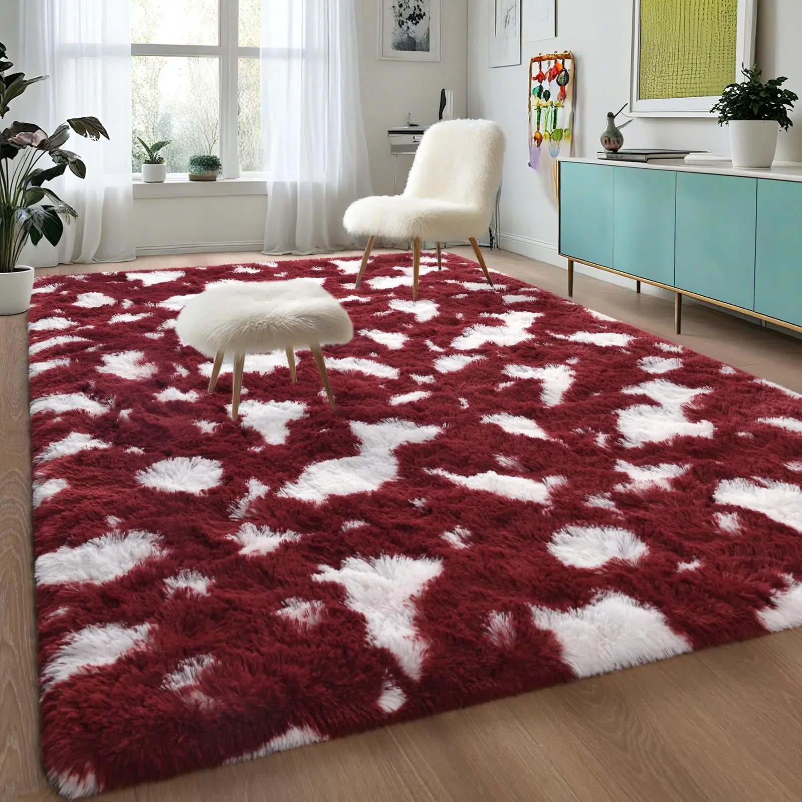 Fluffy High-Pile Shaggy Spotted Rug, Indoor Decor Carpet | Burgundy Red/Navy Blue/Grey/Green | 4x6 5x7 6x9 ft for Living Room Bedroom Bedside