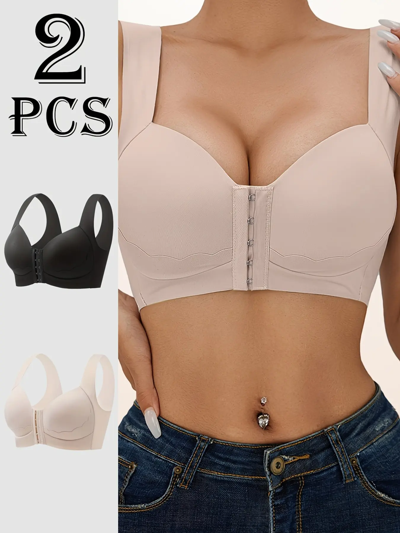 2-Pack Elegant Front Buckle Push-Up Bras, Wide Strap Seamless Wireless Lingerie, Breathable Soft Padded Elastic Underwear, Office Casual Layering, Adjustable Bra