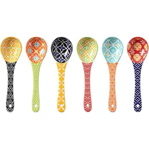 Ceramic Small Serving Spoons, Colorful Soup Spoon Set for Cereal, Yogurt, Dips, Ice Cream, Ramen, Dishwasher & Microwave Safe, Cute Decorative Spoon Set of 6