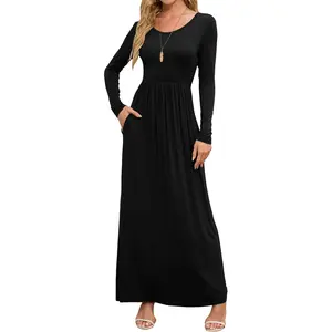 Women's Maxi Dress Long Sleeve Crewneck Loose Plain Casual Empire Waist Fall Party Long Dresses with Pockets Womenswear Summer Basic Minimalist 1-Floral Blue Green