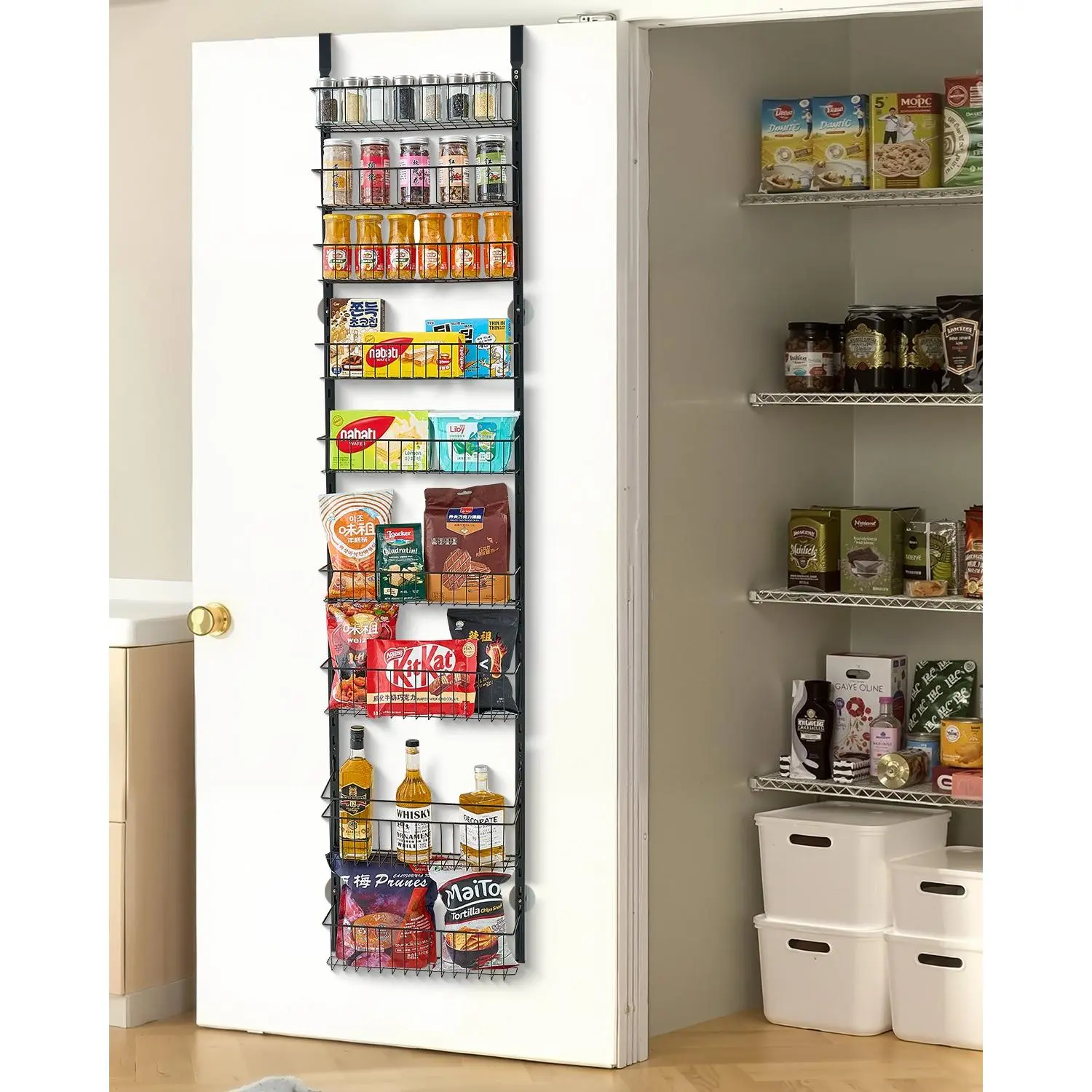 9-Tier Over the Door Pantry Organizer, Heavy-Duty Q195 Steel Hanging Spice Rack, Adjustable Wall & Door Mount Seasoning Shelves, 29.8LBS Load Capacity Multifunctional Storage Rack for Kitchen, Pantry, Laundry Room & Bathroom
