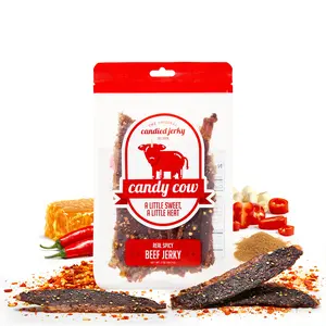 Candy Cow Real Spicy, 2oz Bag, Candied Beef Jerky, Thin Sliced Sweet Crispy Brisket, Bold Chili Heat With Crushed Red Pepper, Small Batch Crafted High Protein Resealable Bag,