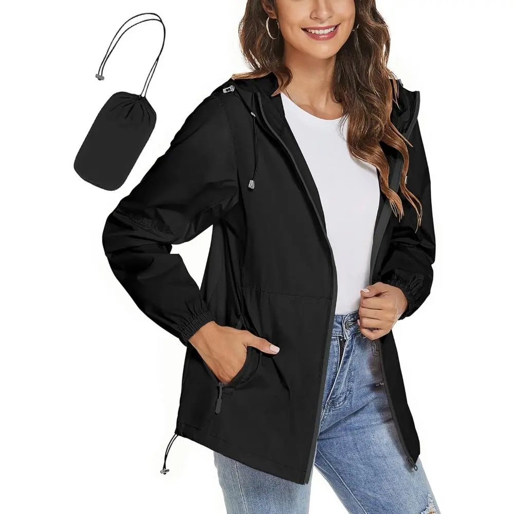 Women's Lightweight Packable Rain Jacket, Comfortable Casual Windproof Coat with Hood, Smooth Zipper Pockets and an Adjustable Drawstring, Fits, Tops, Fabrics, Fitted