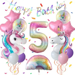 Unicorn 5th Birthday Party Decorations for Girl Purple Pink Theme Balloon Set, Large Rainbow Helium Balloons with Heart and Star Baby Shower Kids Supplies (number 5 set)